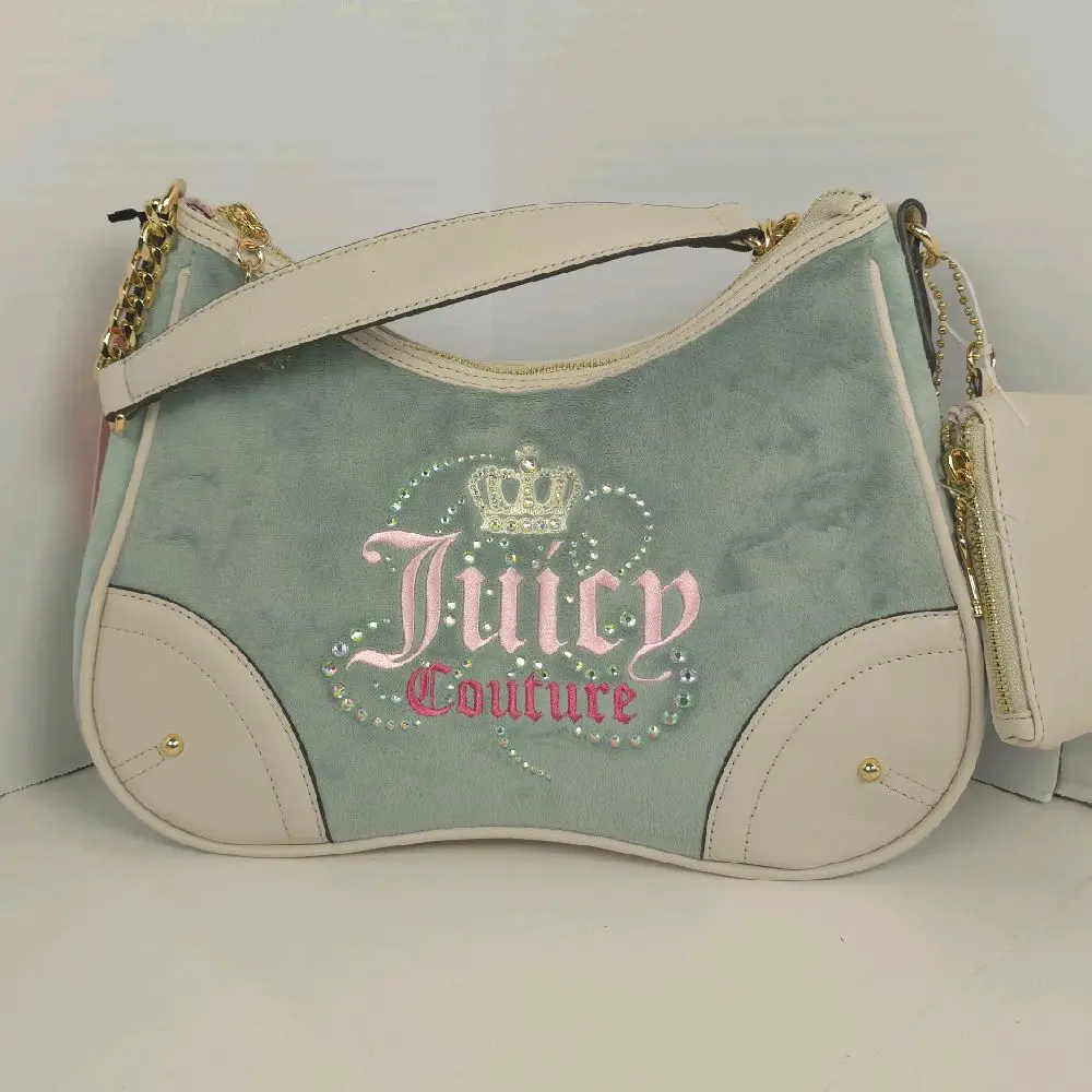 Women's Juicy Couture Style Blue Velour Shoulder Bag, Y2K Pastel Baguette Purse with Pink Crown Logo, Vintage 2000s Aesthetic Handbag