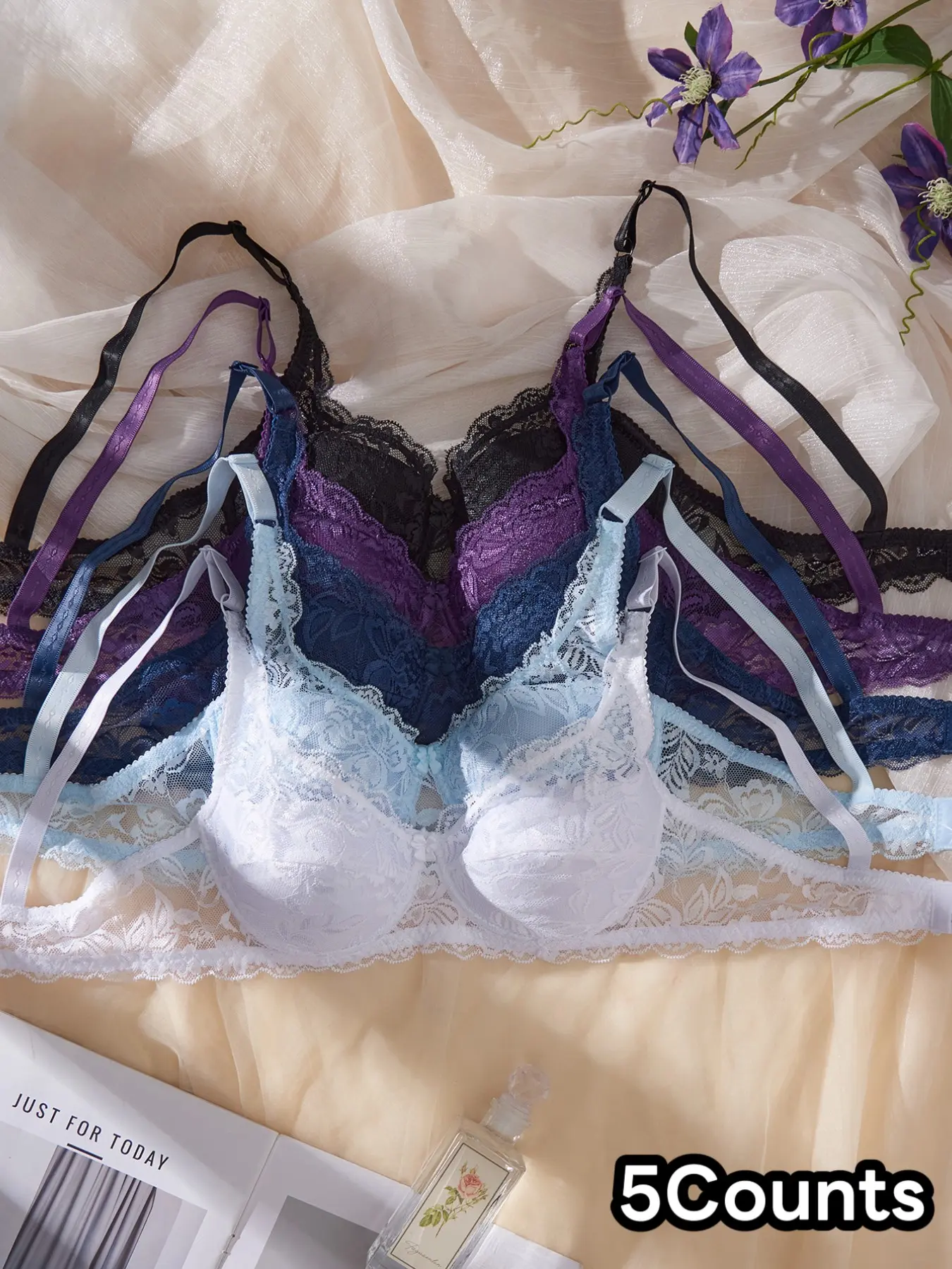 5-Pack Lace Bralette Bundle, Feminine Comfort & Style, Women's Underwear Set, Intimates, Soft & Breathable, Perfect for Daily Wear, Plant, Womenswear