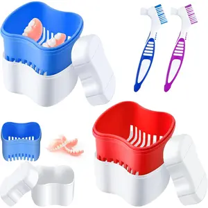 2 Denture Cases Denture Bath Cups with 2 Denture Cleaner Brushes Retainer Cleaner Case Dentures Container Travel Retainer Case Braces Pacifier Storage springtok