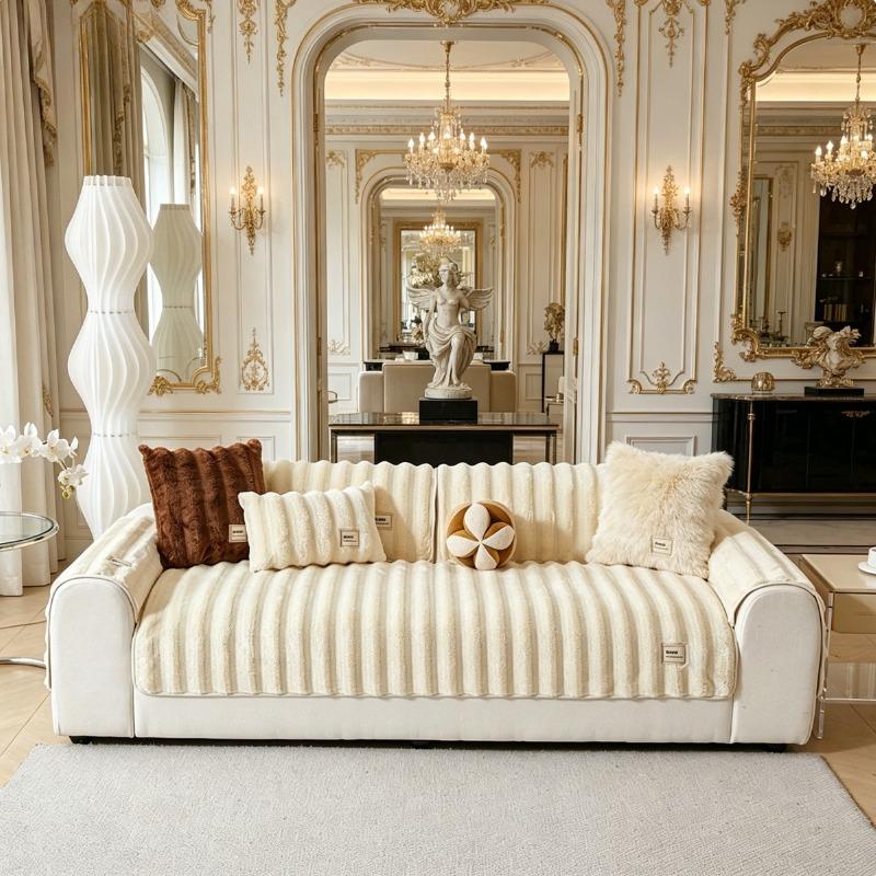 Cream Ribbed Faux Fur Sofa Cover | Ultra-Soft Vertical Striped Throw for Minimalist Homes