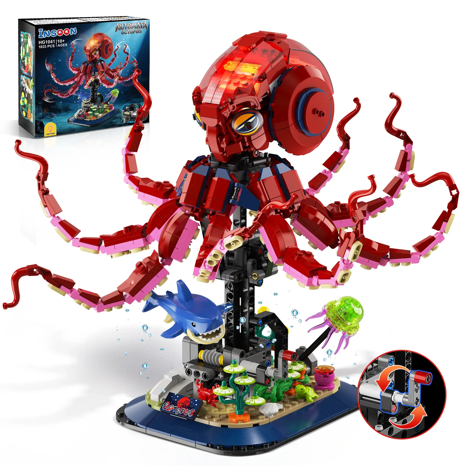 INSOON Mechanical Octopus Building Set with Lights, Movable Sea Animal Toy | Ocean Creature Building Blocks, 1033PCS Octopus Display Model with Shark Jellyfish, Home Decor Gift for Adults Teens Boys 10+