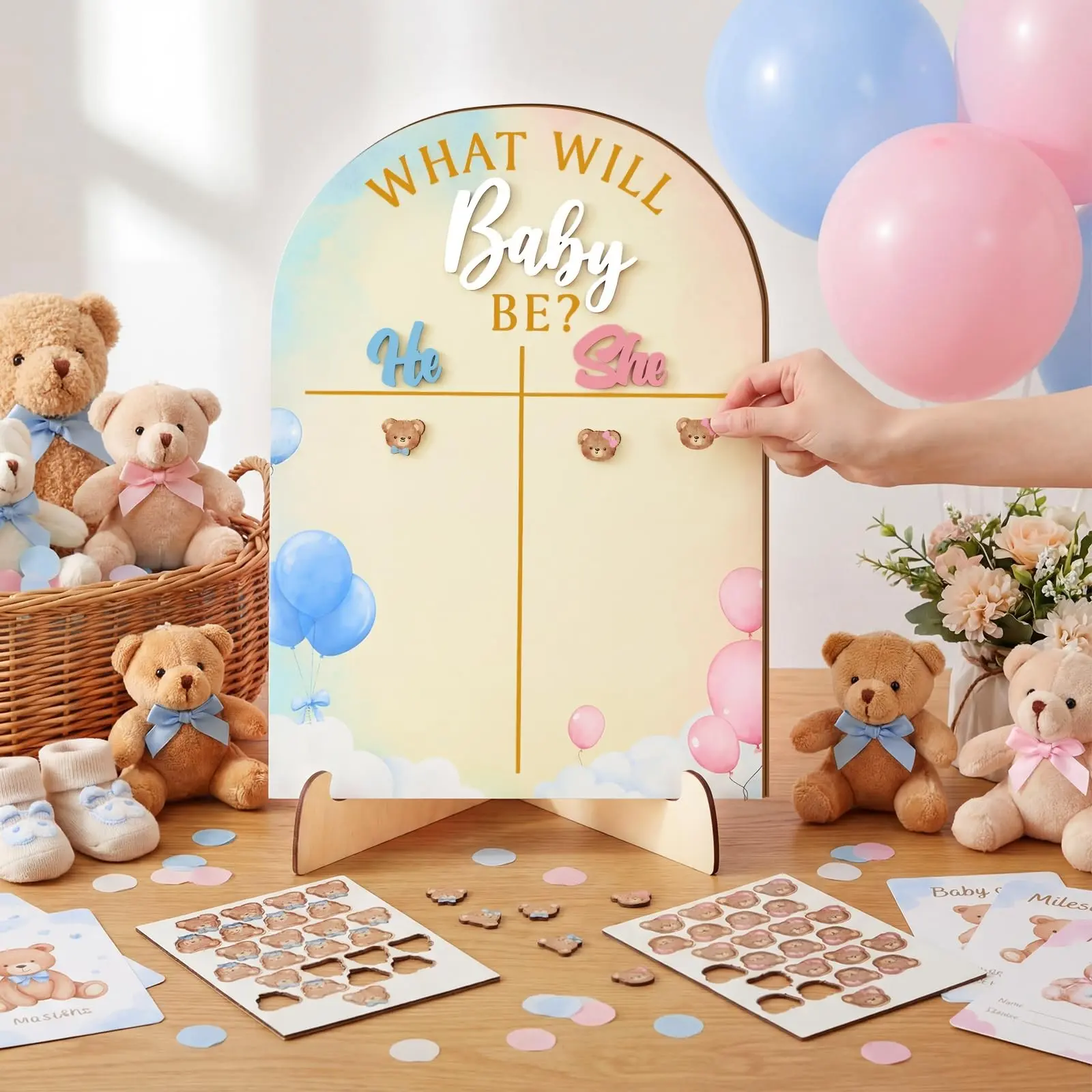 Bear Baby Gender Reveal Voting Board, He or She Wooden Party Display Sign, Guess Registration Decorative Board, Perfect for Birth Announcements, Party Decoration Supplies