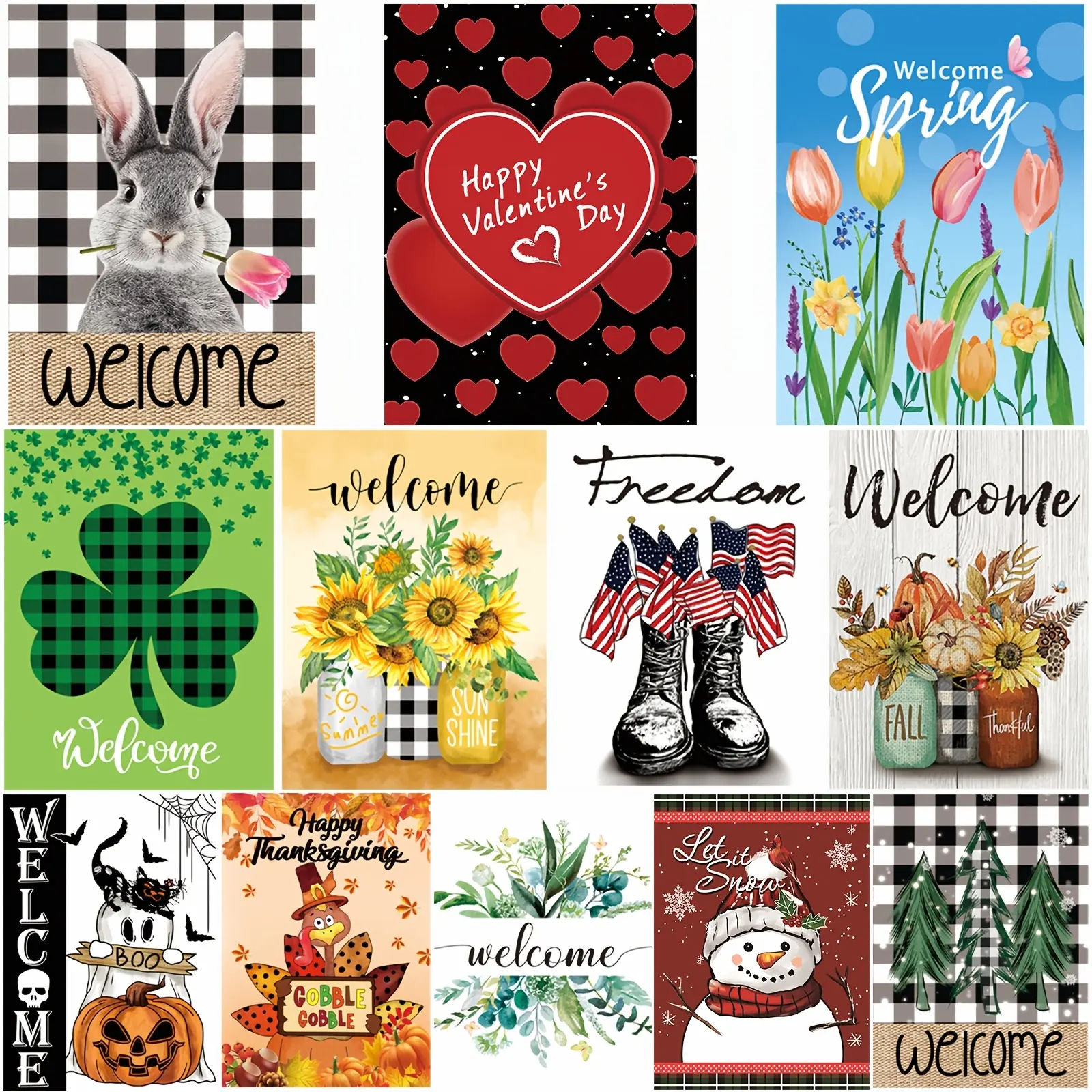 Seasonal Garden Flags Set of 12, Double-Sided Printed 12 x 18 Inches (30 x 45cm) Yard Flags, Outdoor Small Garden Flags, Autumn Winter Halloween Christmas Outdoor Flags, Four Seasons Holiday Garden Flags