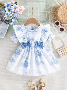 Toddler Girl Elegant Blue & White Floral Dress 🎀 Ruffle Sleeve Outfit with Double Bow Accents, Baby Clothing | Perfect Spring Baby Clothes for Outings