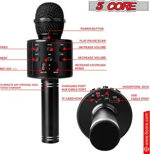 5 CORE Wireless Karaoke Microphone with Built-in Speaker 3-in-1 Portable Bluetooth Mic System with Recording USB & AUX – WM SPK BLK