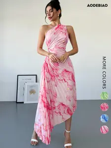 aodebiao Leisure and Resort Collection Elegant One-Shoulder Asymmetrical Women's Dress, Backless Waist Cinched, Sleeveless, Beach Vacation Wear, Sexy Party, Boho Style, Midi Length, Elegant Fit Dress