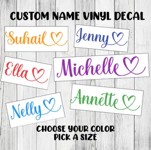 Custom Name Decal Personalized Die-Cut Permanent Cursive Lettering Heart Sticker Organiser, Bottles, Cups, Canister, Tin, Laptop, Luggage, Car, Truck, Window, Wall
