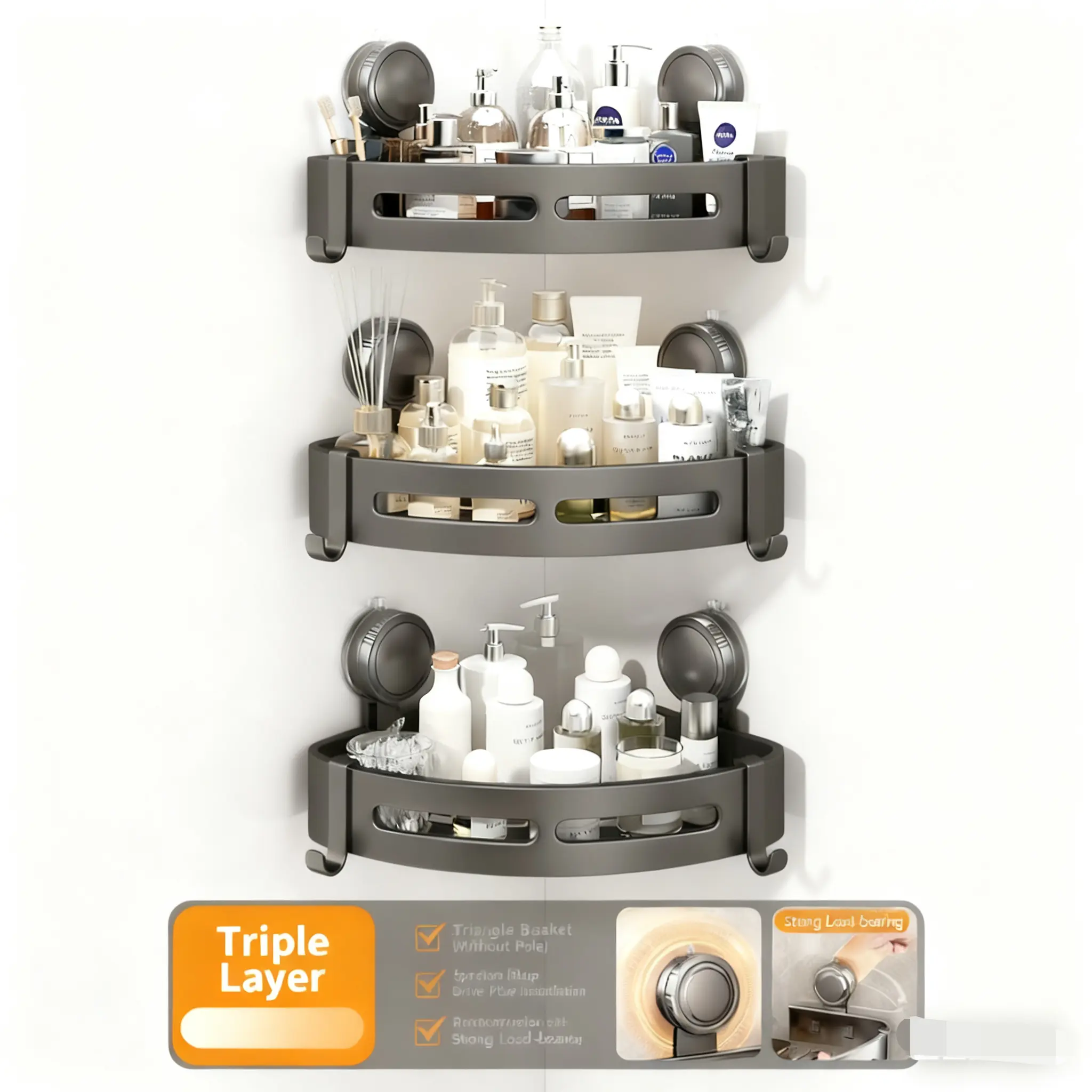 2026 upgraded new model-Corner Shower Caddy SuctionCup,Shelves No Drilling, AluminumUpgrade Suction CupShower Organizer with HooksRemovable BathroomStorage Rack, Bathroom Decor,homeessentials,bathroom accessories-mother'sday Gift