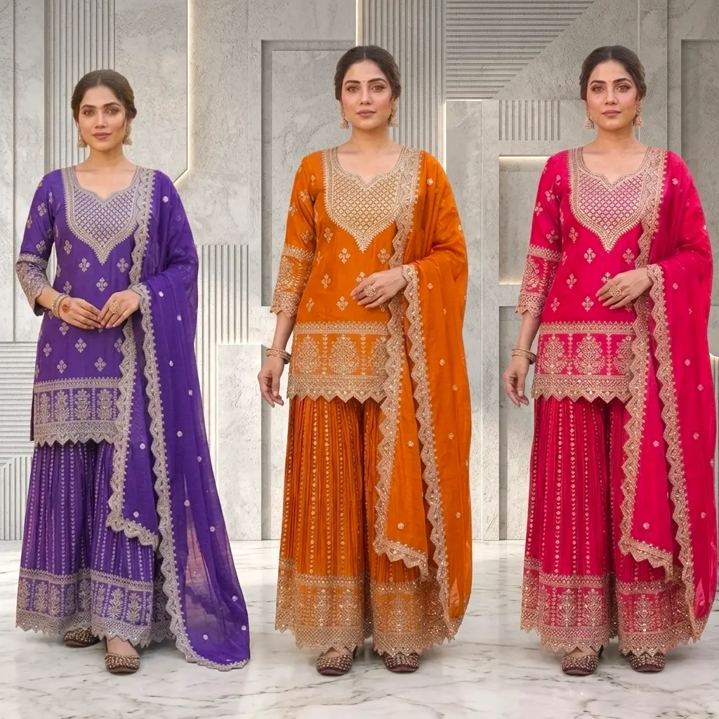 Heavy embroidered short top sharara suit set