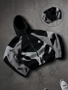 Men's Contrast Color Patchwork Zip Hoodie Jacket, Fall/winter Zipper Short Men's Hooded Sweatshirt, Shark Style Hooded Outerwear, Fitted Long Sleeves Casual Tops, Bold Edgy Style, Casual Street Fashion, Casual Streetwear Hoodie
