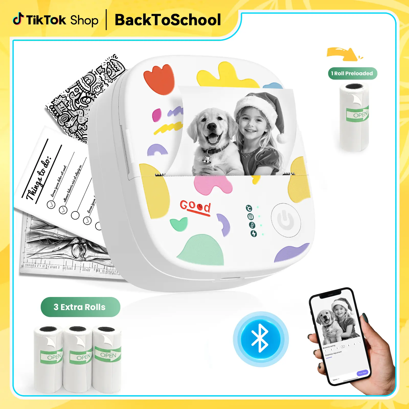 XenGro Mini Printer Bluetooth included 3 Roll label Thermal Pocket Printer,Inkless Small printer B&W Printing Only for Photos, Study Notes, Lists,Memos, Journals Printing Machine Sticky Label, Birthday Gifts for Kids White tiktokshopbacktoschool
