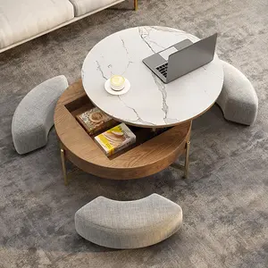 Homary Round Lift-Top White & Walnut Coffee Table with Storage Modern Design for Living Room