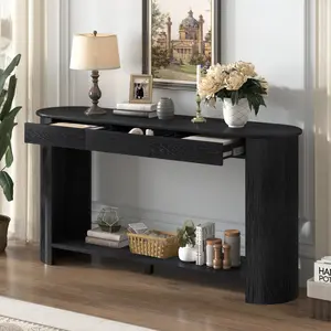 59.8" Modern Farmhouse Console Table with 3 Drawers, Storage Shelf and Oak Veneer - Black Semi-Circular Sofa Table for Living Room, Entryway, Hallway