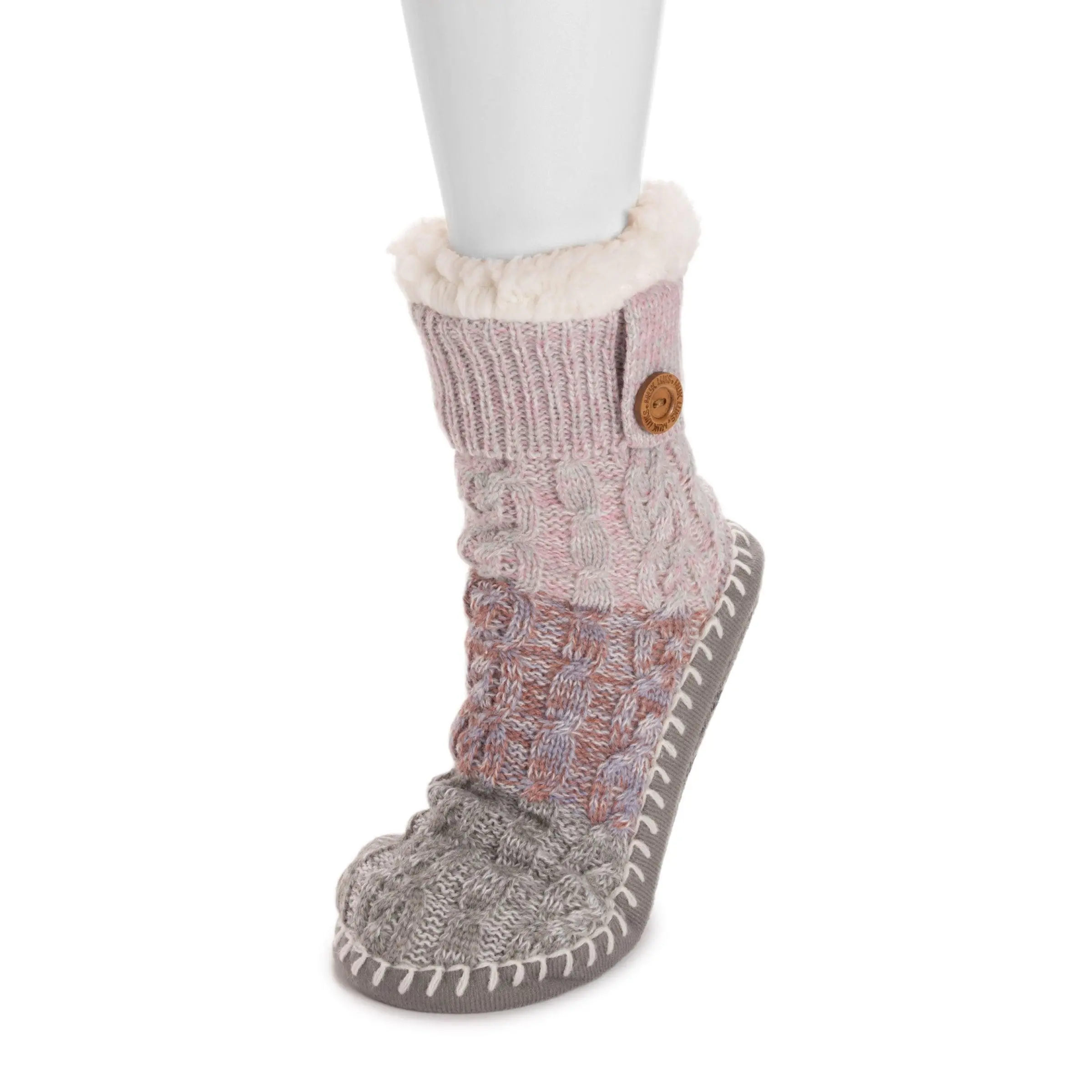 Women's Short Warm Slipper Socks, Lady's Cable Knit with Faux Shearling Lining and Wood Button Detail, Knitted Socks, Warm Socks