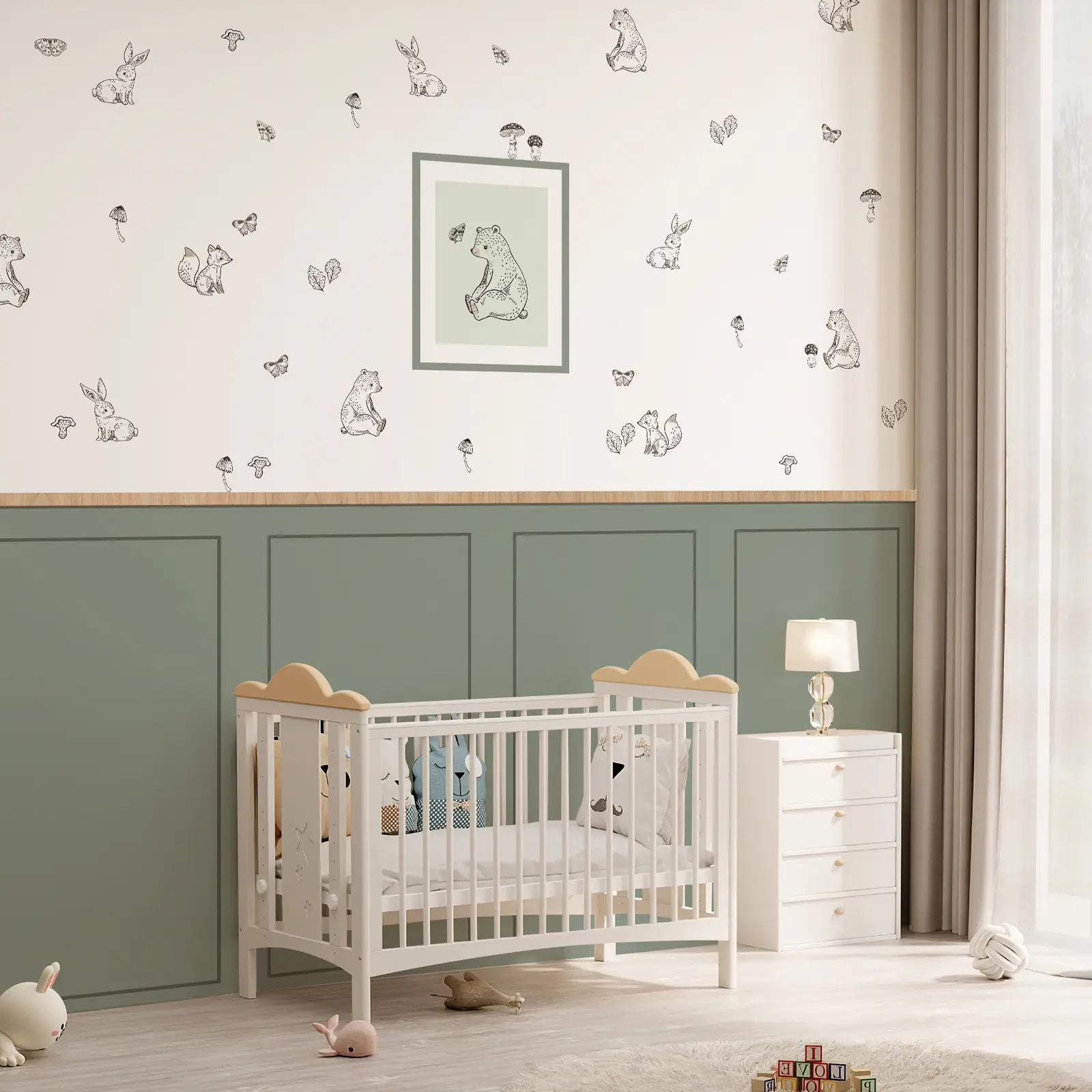 Sage Green Nursery Wall Decor Set Canvas Peel and Stick Wainscoting Panels with Real Wood Trim and Woodland Animal Decals, Renter Friendly for Baby Kids Room (4 Panels)