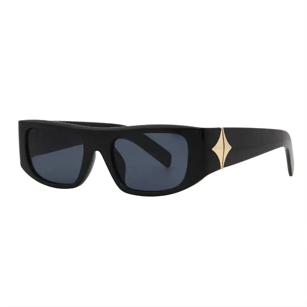Mad Shade Bold Black Rectangle Frame with Gold Temple Accent UV400 Lens Protection - Narrow 90s Vintage Inspired Shades #54