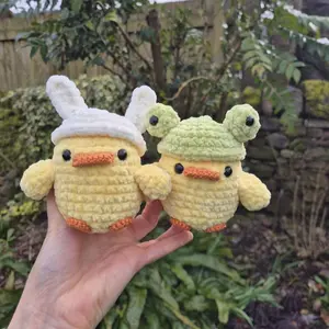 Handmade Crochet Duck Plushie with Frog Bunny Hat Adorable Soft Toy for Kids and Collectors