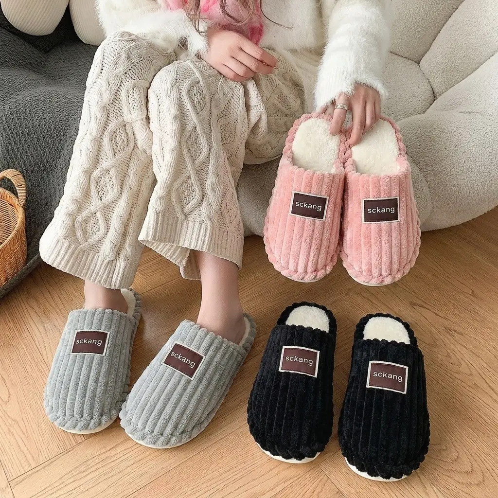 Women's & Men's Cotton Vertical Bar Slide Slippers - Warm, Soft Indoor-Outdoor Winter Shoe Footwear