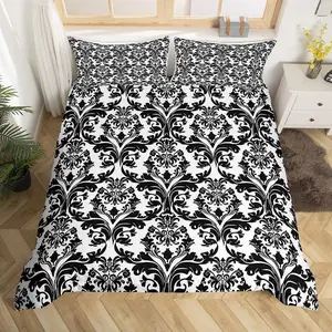 Boho Floral Duvet Cover Set,Victorian Bedding Set,Gothic Paisley Comforter Cover Baroque Vintage Damask Goth Bed Set,Black White Antique Exotic Flowers Bohemian Decor