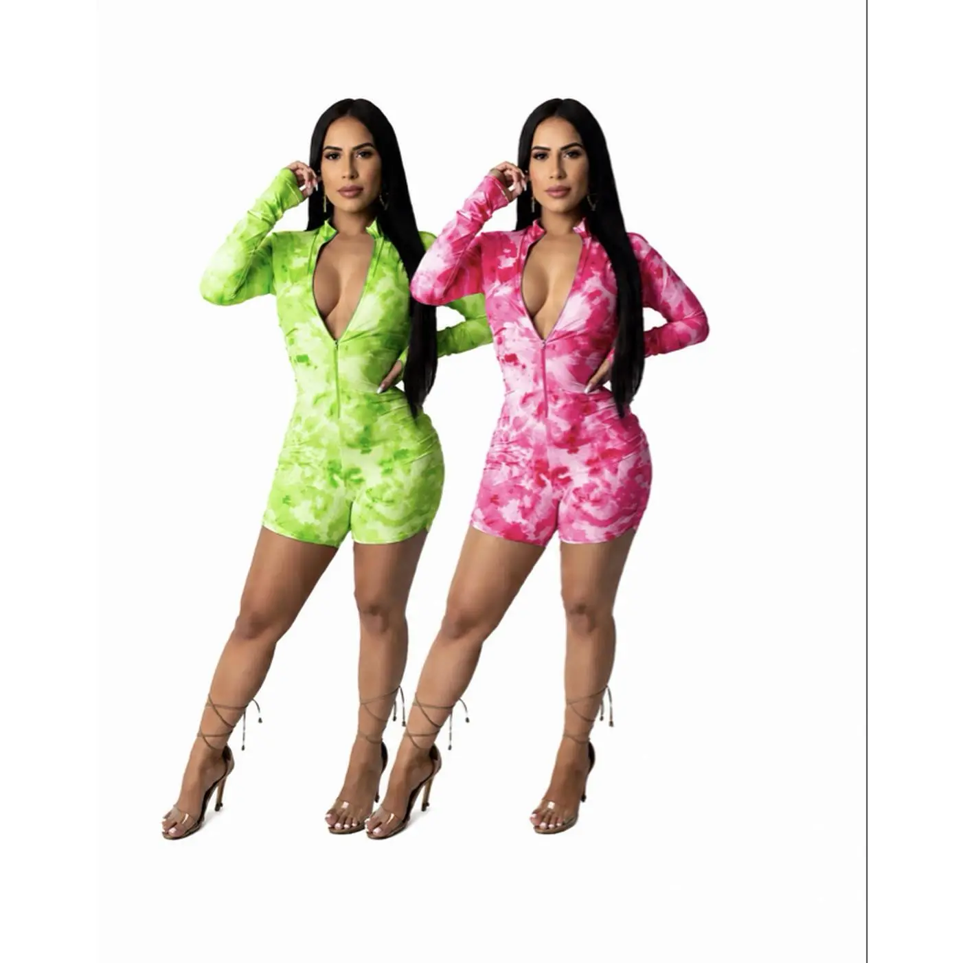 Green and Pink Tie-Dye Romper Set for Women - Comfortable and Stylish
