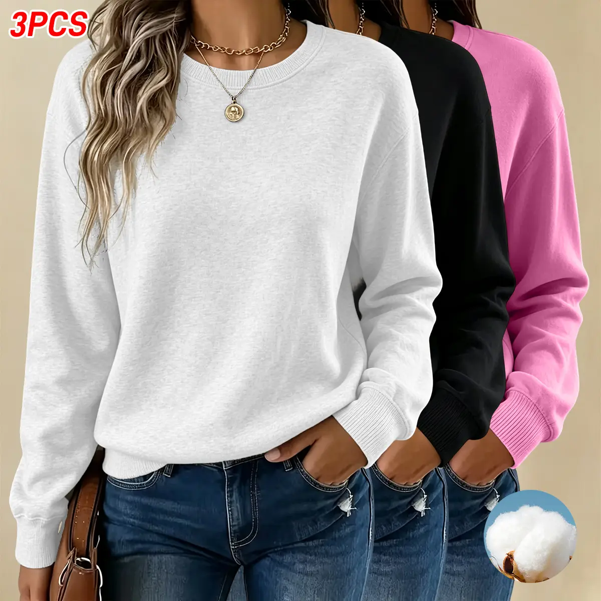 3PCS women’s long-sleeve crewneck sweatshirt, comfortable pullover for everyday outings, casual sports top, suitable for daily leisure and home wear, fashionable womenswear, long-sleeve top