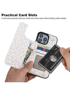 Double Magnetic Clasp Shockproof Cover White Leopard iPhone 14, 15, 15 pro max 16 Pro Max Cardholder Phone Cases