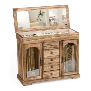 Emfogo 5-Layer Wooden Jewelry Box Organizer with Mirror, Rustic Jewelry Storage Case for Necklaces, Earrings, Rings, Bracelets, Gift for Women Girls