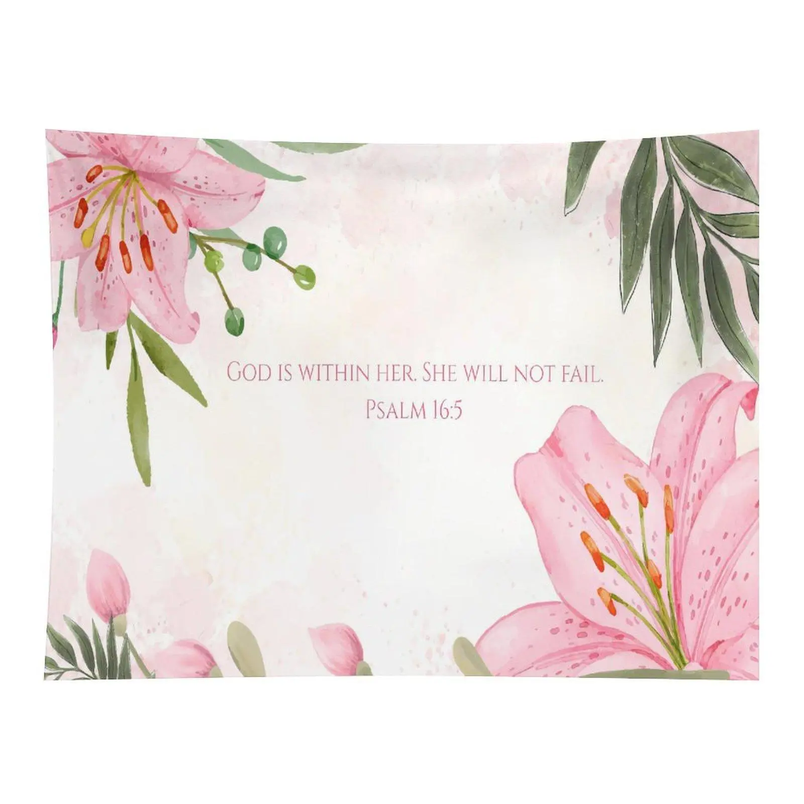 Pink Lily Floral Bible Verse Tapestry, God Is Within Her Inspirational Scripture Wall Hanging Home Decor