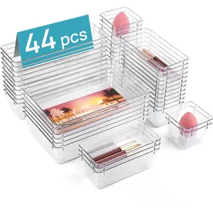 44-piece transparent plastic drawer storage box set, 4 sizes of multi-functional bathroom and dressing table storage trays, non-slip storage boxes suitable for cosmetics, jewelry, bedroom, kitchen utensils, and office supplies.