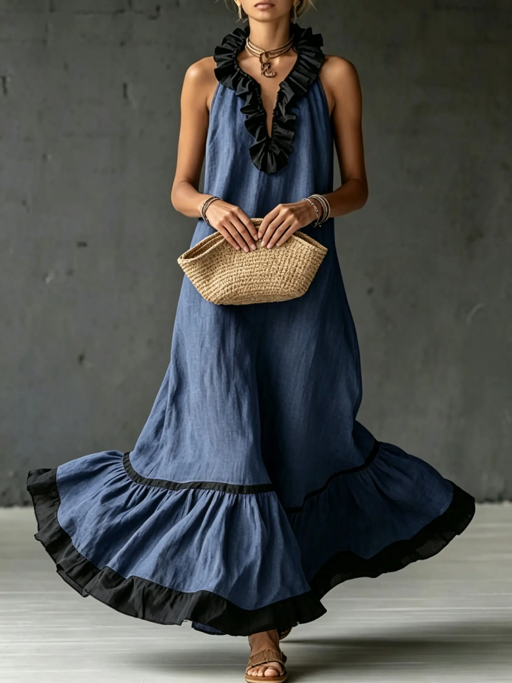 Vintage A-line Linen Maxi Dress with Matte Finish, Sleeveless Halter V-Neck with  Ruffle Trim for Brunch Dates & Photoshoot Outfits, Deep V Neck, Double Black Contrast Frills, Do Not Bleach, Elegant Flowing Movement, Floor Length, Fully Shows Shoulde