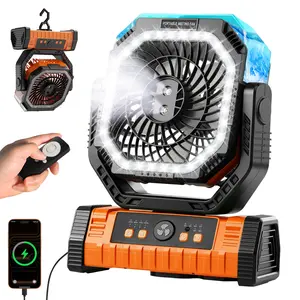 JOYYE Portable Camping Misting Fan, 4-Speed Adjustable, Cordless Auto-Oscillating Desk Fan, LED Lights & Remote Control for Indoor Outdoor Use