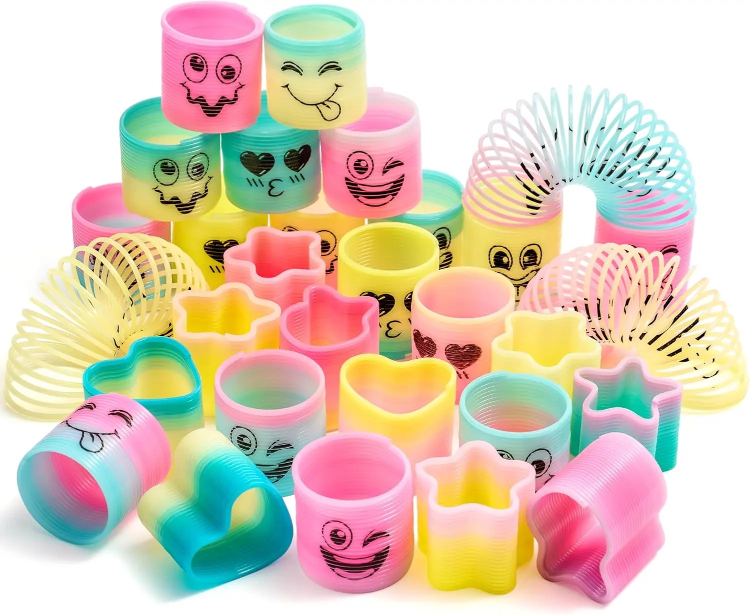 30 Pcs Mini Rainbow Emoji Face Slinky Coil Toys for Kids - Plastic Fidget Springs, Party Favors