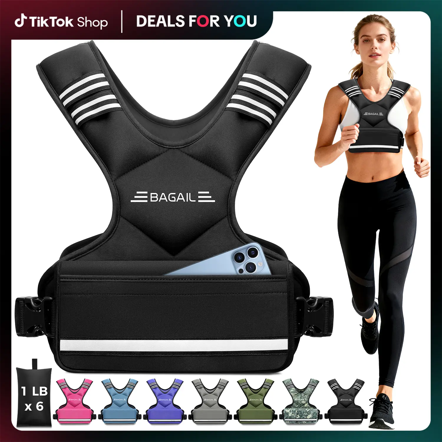 【SummerWins】BAGAIL Adjustable Weighted Vest, 4-10lb/12-18lb/20-32lb Rucking Vest for Women & Men with 6 Weights & Large Pocket, Weight Vest for Home Workouts, Running, Walking and Strength Training Outdoorfun