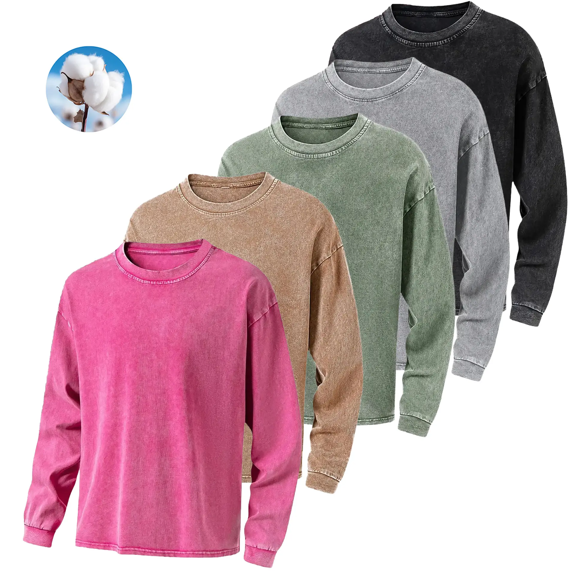 4-pack men’s acid-wash, washed pure cotton casual athletic long-sleeve T-shirts with a small crew neck design; unisex—ideal gift for husband or wife; loose fit, suitable for all seasons. tshirts unisex gym vintage  Oversized wrinkle-resistant fabric Mensw