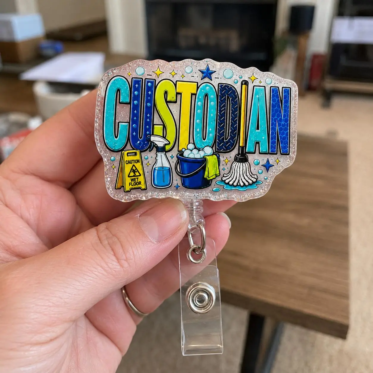 Badge Reel – Colorful Custodian Retractable ID Badge Holder, 2 Inch Cleaning Crew Badge Clip for Janitors, Maintenance Staff, EVS Workers & Housekeepers