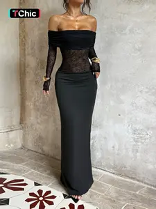 One Shoulder Lace Patchwork Slit Long Dress, Elegant Evening Gown, Formal Wear, Stylish Chic Party Wear, Women's Fashionable Clothing, Womenswear
