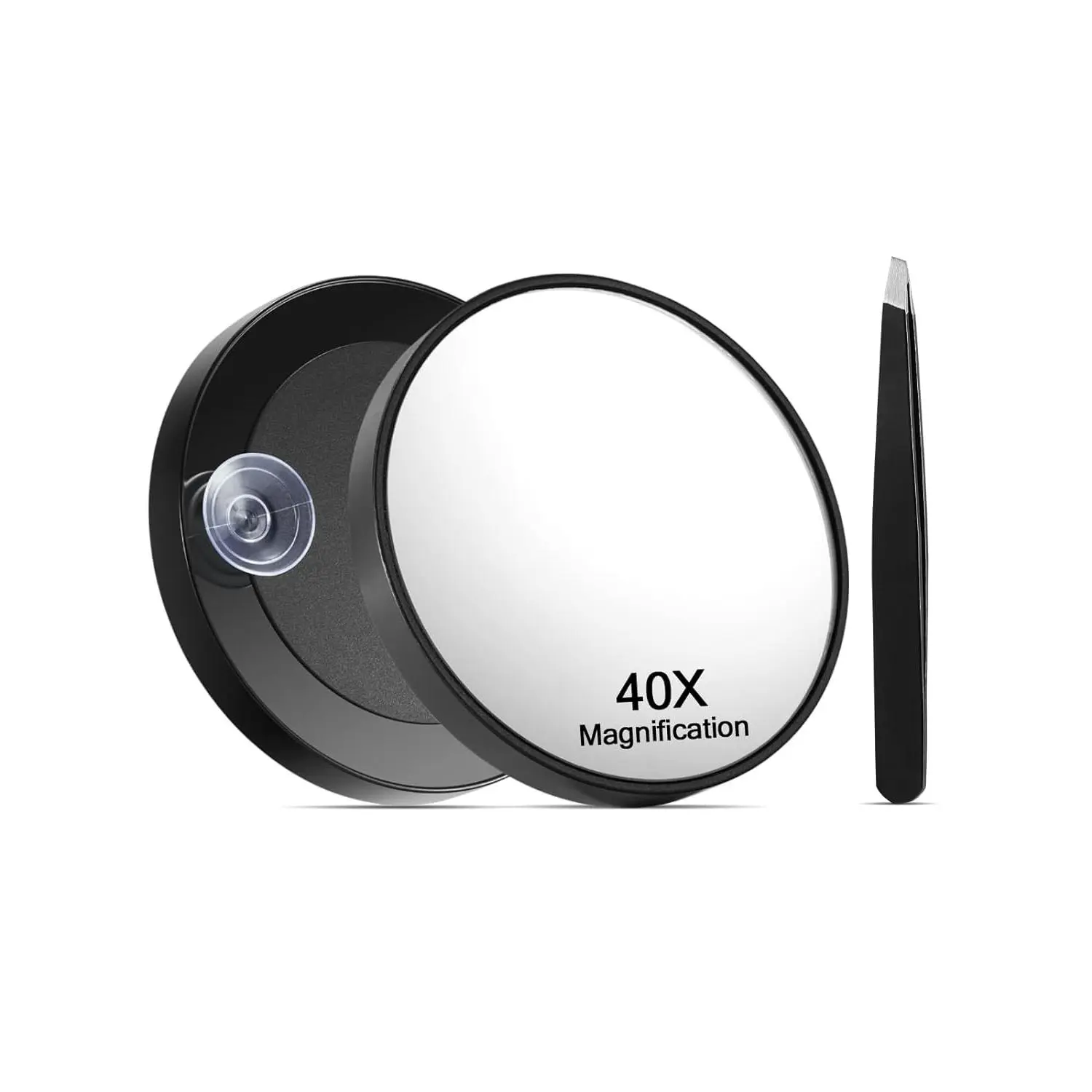 40X Magnifying Mirror with Suction Cups and Tweezers Set, 3.5 inches Magnified Makeup Mirror, Black, 1 count
