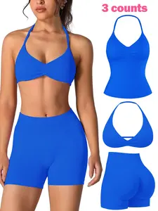 Women's Seamless Halter Neck Sports Bra with Back Design + Seamless Knit Breathable Sweat-Wicking High-Stretch Butt-Lifting Shaping Sports Shorts Set, Sportswear for running, Pilates Yoga Wear, Athletic Activewear, Workout Running Outfits