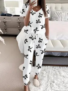 Butterfly Print Matching Casual Set, Short Sleeve V Neck Top and Tie Pants, Women's Pajama Set, Nightwear, Loungewear, Lounge Pjs Set, All Seasons Home Wear