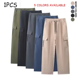 Men's Plain Baggy Wide Leg Cargo Pants, Stylish Tactical Streetwear with Drawstring Waist and Multiple Flap Pockets