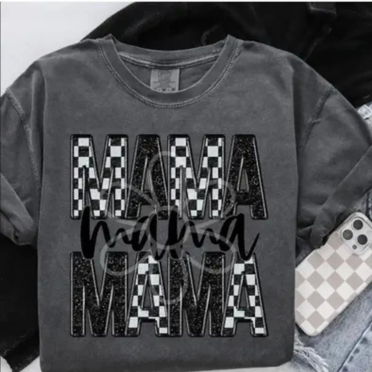 Comfort Colors Checker & Faux Glitter 'Mama' Completed Tee Top Womenswear