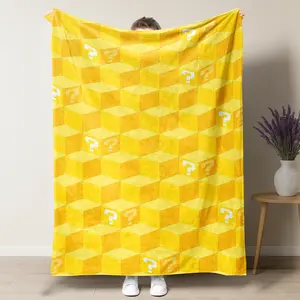 Yellow 3D Cube Super Mario-oo Pattern Throw Blanket,Retro Arcade Mystery Question Mark Block Flannel Blanket,Nostalgic 80s Video Game Inspired Cozy Plush Blanket,Perfect Gift For 90s Nostalgia Fans & Video Game Lovers