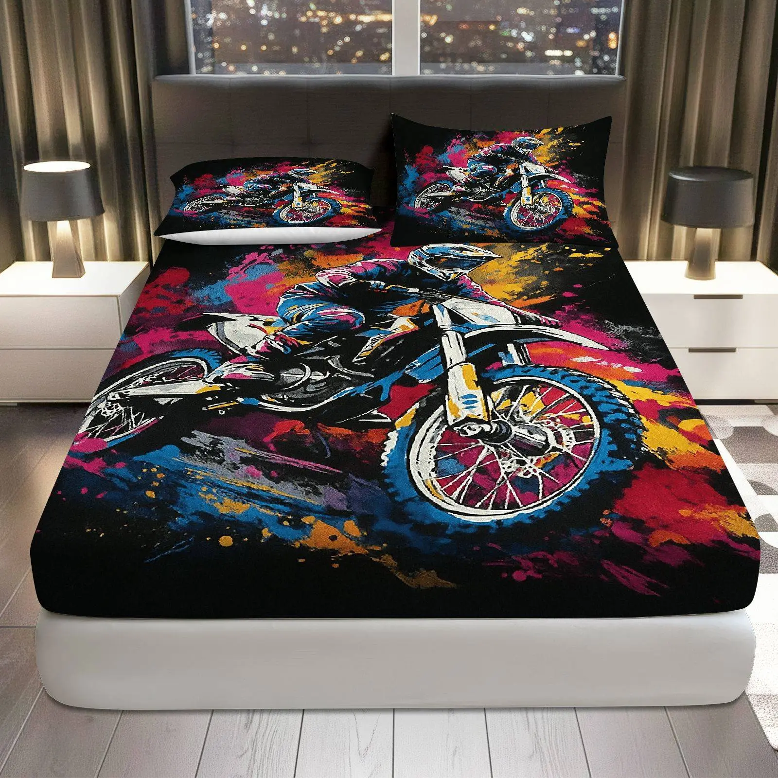 3Pcs Motorcycle Racing Colorful Fitted Sheet Three Piece Set (1*Fitted Sheet+2*Pillowcases, Coreless), Extreme Sports theme, Vibrant Bedding Set, Mattress protector Soft, Breathable