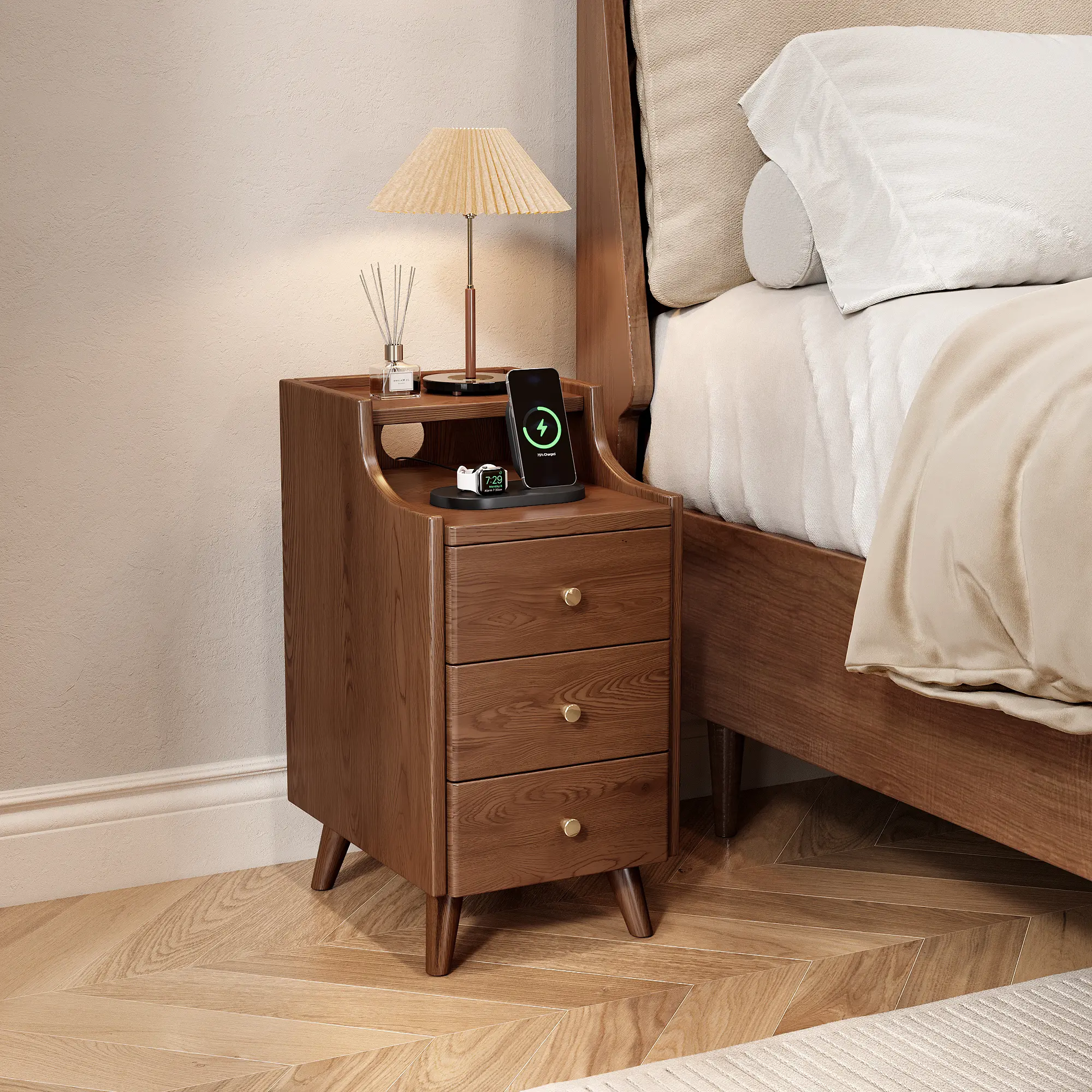 iunvr Mid Century Modern Skinny Bedroom Nightstand - 7.9" Wide Solid Wood, Drawer-Equipped, Raised Legs, Open Shelf, Easy Setup, Art-Infused, Space-Saving Storage for Pinterest & Modern Bedrooms, Cozy Reading Corners (Assembly Required)