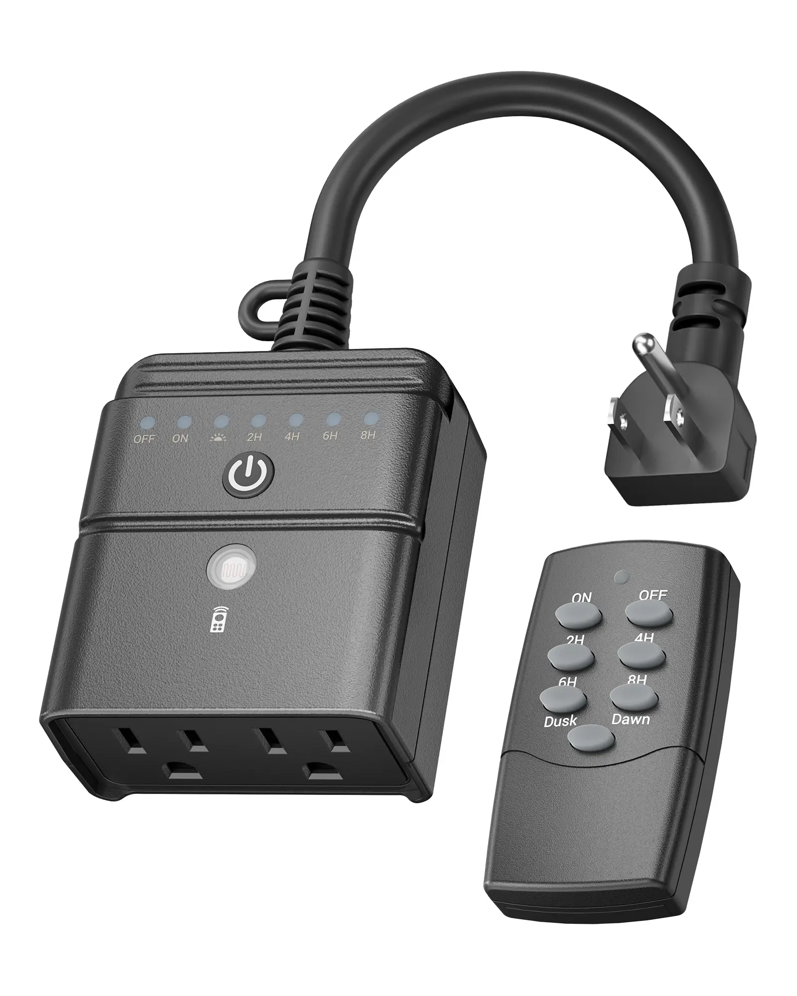 BN-LINK Outdoor Remote Control Power Outlet Timer - Dusk-to-Dawn Sensor, 2/4/6/8-Hour Countdown, 100 ft RF Range, 6-in Grounded Cord, 15A 1/2HP, ETL Listed - For Christmas Decorations, Pool Pumps, Garden Lights, Universal Socket Compatibility, Etl Listed