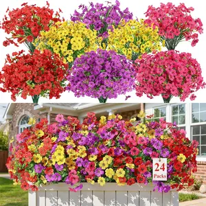 24 Bundles Artificial Flower Set for Outdoors Decoration, Artificial Flower Decorations, UV Resistant Silk Faux Daisy Flora Spring Fake Plastic Plants Greenery Outdoor Artificial Flowers for Outside Indoor Yard Home Porch Window Box Decor, Mix 4 Colors