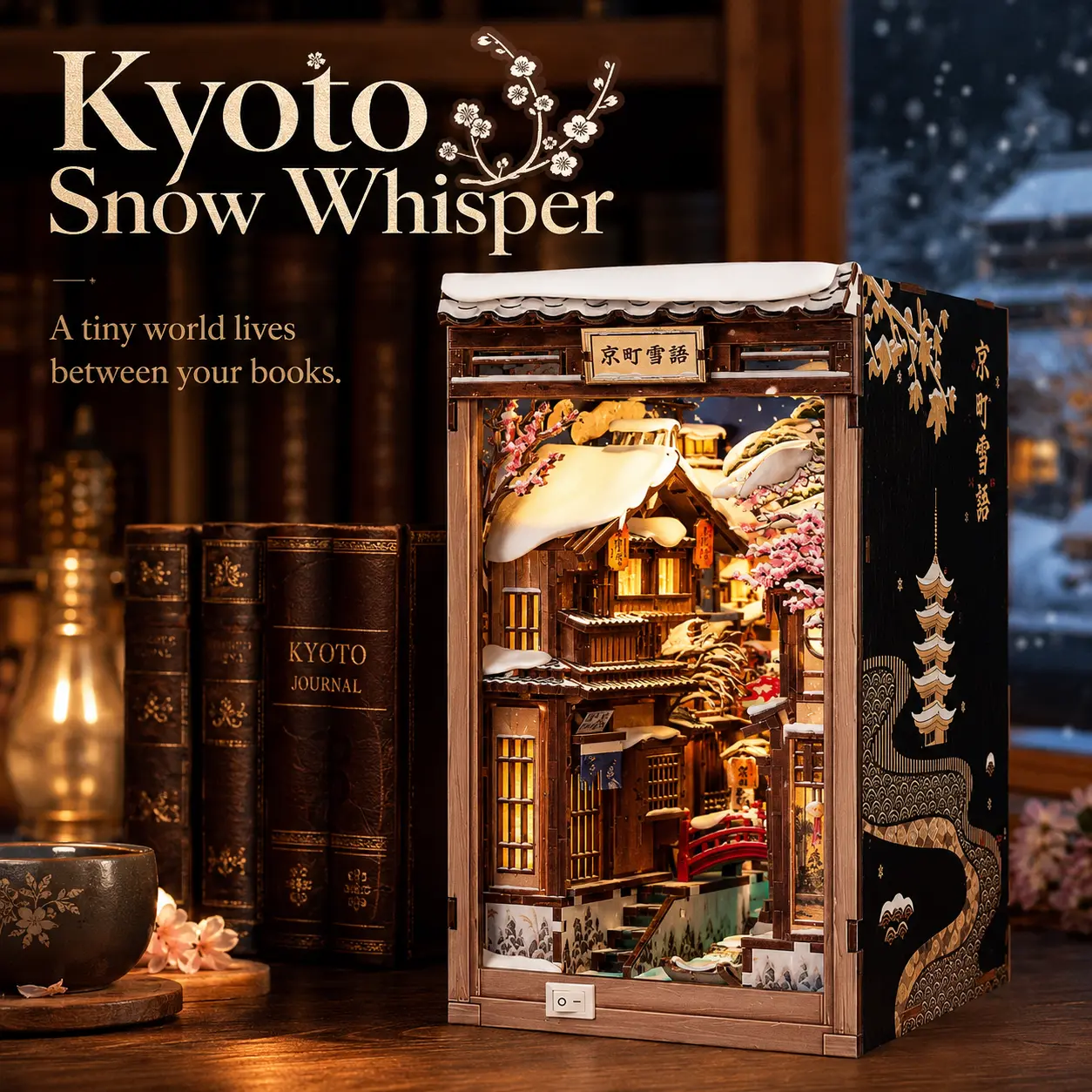 Kyoto Snow Whisper Book Nook DIY 3D Wooden Puzzle with LED Lights, Japanese Winter Street Miniature Alley, Room Decor & Creative Handmade Gift for Hobbyists