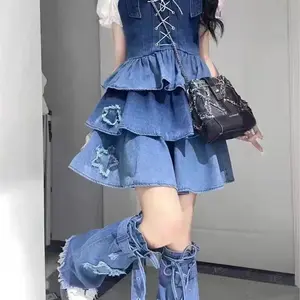 Y2K Baddie Blue Washed Denim Leg Warmers Sweet Edgy Star Tie-Up Flared Stackable Sock Sleeves Subculture Fashion Style