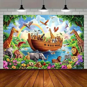 1pc Modern Farmhouse Noah's Ark Decorative Banner - Vibrant Glow Polyester Biblical Scene Wall Hanging Backdrop with Rainbow, Animals - Indoor/Outdoor Party Decor, Birthday Photo Prop