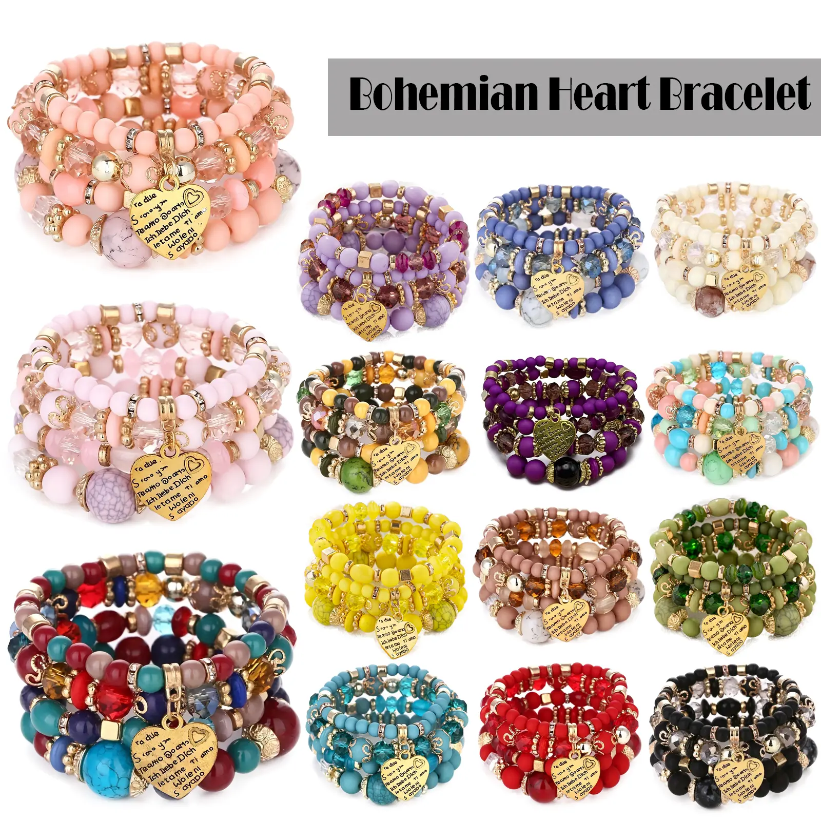 Bohemian Bracelets for Women, Set of 12/24/36 Glass Bead Jewelry with Heart Letter Pendants for Parties & Daily Wear, Beaded Bracelet Sets, Glass Bead Bracelets